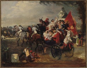 シャンゼリゼの衣装を着た男性と女性との運送、1834 作： Eugene Louis Lami