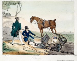 レールが原因のカート事故。書籍「La vie de chateau」の挿絵。ユージン・ルイ・ラミ（1800-1890）のエングレーヴィング 作： Eugene Louis Lami