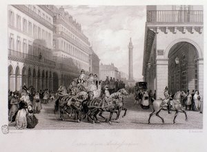 パリに到着した大使のコルテッジ（証券取引所広場）。Eugene Louis Lami（1800-1890）によるエングレーヴィング 1843年 個人蔵 作： Eugene Louis Lami
