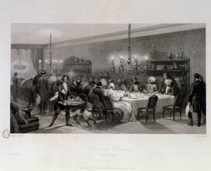 パリのテーブル・ドート「ホテル・デ・プランス」でのディナー。ウジェーヌ・ルイ・ラミ（1800-1890）によるエングレーヴィング 1843年 個人蔵 作： Eugene Louis Lami