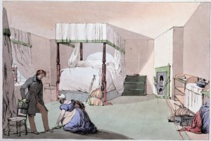 ホステル：客が靴を履くのを手伝う使用人。ユージン・ルイ・ラミ（1800-1890）のイラスト、19世紀半ば 作： Eugene Louis Lami