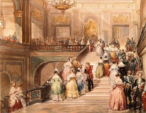 国王ルイ・フィリップ1世（1773 - 1850）と王妃マリー・アメリ・ド・ブルボン（1782 - 1866）は、1837年のヴェルサイユ宮殿美術館の落成式の際に来賓を迎えた。ウジェーヌ・ラミ（1800 - 1890）によるイラスト。