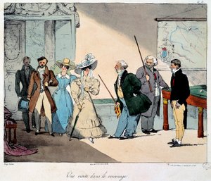 お城での生活：近隣への訪問。ユージン・ルイ・ラミ（1800-1890）のデッサンのリトグラフ 1828年 パリ、カルナヴァレ美術館 作： Eugene Louis Lami