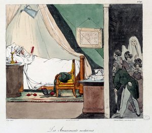 夜の楽しみ。ベッドで本を読んでいる人を子供たちが怖がる。書籍「La vie de chateau」の挿絵。ウジェーヌ・ルイ・ラミ（1800-1890）のエングレーヴィング 作： Eugene Louis Lami