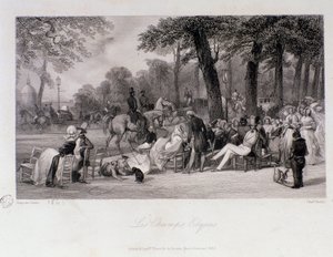 パリのシャンゼリゼ通り(Champs-Elysees)を歩く乗客と歩行者。ユージン・ルイ・ラミ（1800-1890）によるエングレーヴィング 1841年 個人蔵 作： Eugene Louis Lami