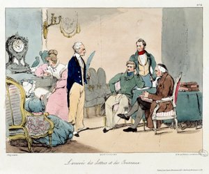 手紙や新聞の到着。書籍「La vie de chateau」の挿絵。ウジェーヌ・ルイ・ラミ（1800-1890）のエングレーヴィング 作： Eugene Louis Lami