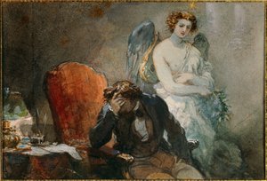 10月の夜 アルフレッド・ド・ミュッセ(1810-1857)の作品のイラスト。ウジェーヌ・ルイ・ラミ（1800-1890）による水彩画 19世紀 日0,1x0,14 m マルメゾン、ミュゼ・デュ・シャトー
