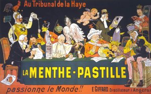 1899年に開催されたハーグ平和会議の漫画ポスター。ウジェーヌ・オジェ（1861～1936）による「ハーグ裁判所では、ミントパスティラが世界を熱狂させる！」。 作： Eugene Oge
