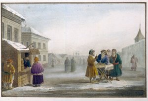 ロシアのたばこ屋の前にいる巡回たばこ販売業者。 Eugene Pluchart (1809-1880) の作品、リトグラフと水彩