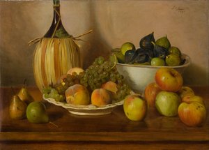 果物のある静物（キャンバスに油彩） 作： Eugenio De Giacomi