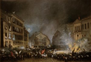 マドリードのプエルタ・デル・ソルでの1854年の革命のエピソード。画：Eugenio LUCAS VELAZQUEZ 作： Eugenio Lucas Velázquez