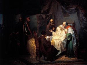 死の床でのダンテ・アリギエーリ (1265-1321) 作： Eugenio Moretti Larese