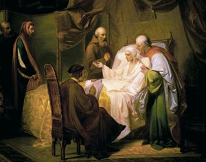 死の床でのダンテ・アリギエーリ (1265-1321) 作： Eugenio Moretti Larese