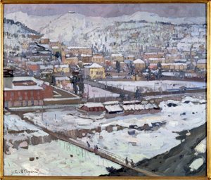 イタリア、雪の下のジェネスの眺め（イタリア、雪の下のジェノバの眺め） エウジェニオ・オリヴァーリ（1882-1917）の絵画 薄さ73x85cm ジェネス、Galleria d