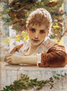 エウジェニオ・プラーティ（1842-1907）によるポーチの女 作： Eugenio Prati
