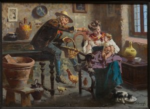 男、女、女の赤ちゃんのいるシーン（キャンバスに油彩） 作： Eugenio Zampighi