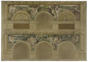 パリ市立美術館の入門サロンのスケッチ：労働。Les Réjouissances.ラ・シャリテ、1892年（墨、油彩、キャンバス） 作： Eugène Martial Simas