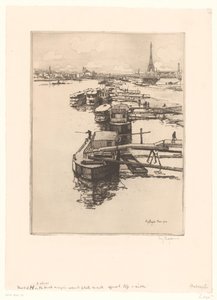 バック グラウンドでエッフェル塔とパリの乗合バス ボートで岸壁 作： Eugène Bejot (signed by artist)