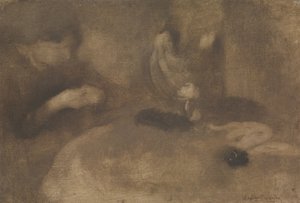 テーブルで縫う女性、ca。 1894-96。 作： Eugène Carrière