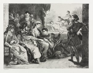 ハムレット: ハムレットは俳優たちに父親の中毒のシーンを演じるように命じる 作： Eugène Delacroix