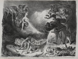 ファウストのイラスト: マルグリットの影がファウストに現れる 作： Eugène Delacroix