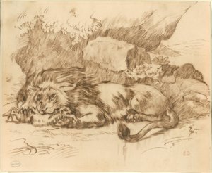 ウサギをむさぼり食うライオン 作： Eugène Delacroix