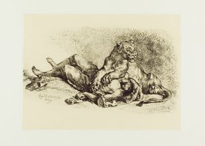 アラブ人の胸を引き裂く雌ライオン 作： Eugène Delacroix