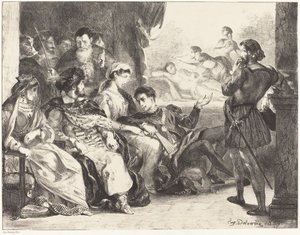 ハムレットの父の毒殺法を制定するプレーヤー 第 3 幕、第 2 場、1835 年。 作： Eugène Delacroix