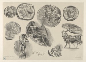 9 枚のアンティーク コインのシート、1825 年、1825 年。 作： Eugène Delacroix