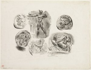 6 枚のアンティーク メダルのシート 作： Eugène Delacroix