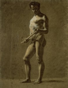 立っているアカデミック男性ヌード (直腸); 上腕のスケッチ (裏面) 作： Eugène Delacroix