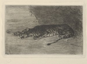 隠れ家の入り口に横たわるトラ 1828～30年頃。 1828-30。 作： Eugène Delacroix