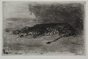 隠れ家の入り口で眠るトラ 作： Eugène Delacroix