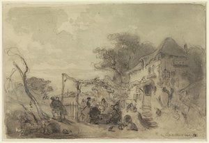 道路沿いの旅館前のテラスでの会社 作： Eugène François de Block