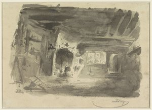 暖炉の前でひざまずく女性のインテリア 作： Eugène François de Block
