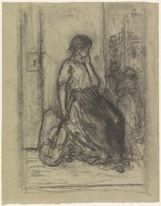 バイオリンを持った座っているストリート ミュージシャン 作： Eugène François de Block