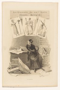 机の後ろで版画を見る女性 タイトルページ: Henri Béraldi, Les engravers du XIXe siècle, 1899 作： Eugène Gaujean