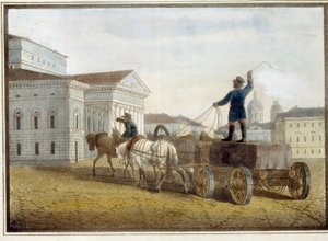 サンクトペテルブルクの劇場広場への花崗岩ブロックの輸送。 Eugene Pluchart (1809-1880) の作品、リトグラフに水彩