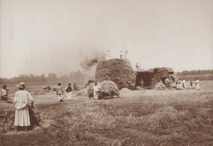 ハンガリーの平原、アルフォルドで小麦を脱穀する (b/w 写真) 作： European Photographer