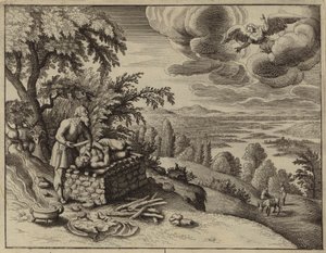 アブラハムが息子イサクを犠牲にするのを止めるために介入する天使（彫刻） 作： European School