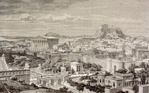 1880年にバルセロナで出版された「エルムンドイストラド」からのハドリアヌス帝の時代のアーティストのアテネの印象