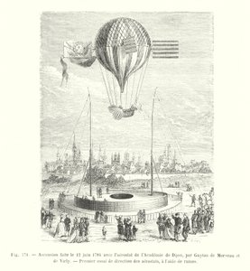 1784年6月12日、Guyton de Morveauとde Virlyがディジョンのアカデミーのエアロスタットを使って行った昇天、オールの助けを借りたエアロスタットの最初の方向性のテスト（彫刻 作： European School