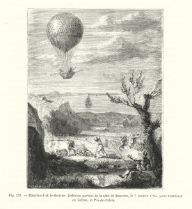 1785年1月7日、ドーバー海岸から気球でパ・ド・カレ海峡を渡るために出発したブランシャールとジェフリーズ博士（写真左）。 作： European School