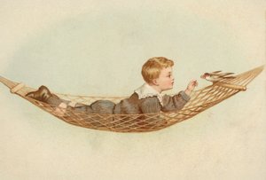 ハンモックに横たわり鳥に餌をやる少年（クロモリト） 作： European School