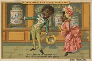 アフリカの漫画家がショップウィンドウでLeigib肉エキスを見る