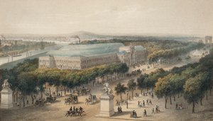 1855年フランス、パリ万国博覧会のために建設されたシャンゼリゼ通りと工業宮（カラーリトグラフ） 作： European School