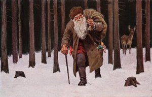 クリスマスカード、プレゼントの入った袋を持ち、雪を踏みしめて歩くサンタクロース、背景は鹿（カラーリトグラフ）