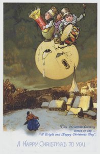 雪に覆われた町の上空に、月に乗った音楽隊が描かれたクリスマス・グリーティングカード。(クロモリ) 作： European School