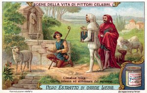 ジョットが熱心に羊のスケッチをしているのを見つけたチマブエ（クロモリト） 作： European School