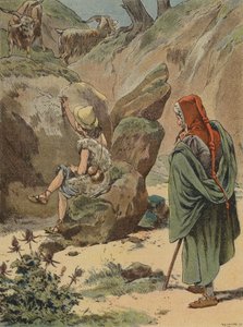 若いジョットが岩の上に山羊を描くのを見ているチマブエ 作： European School